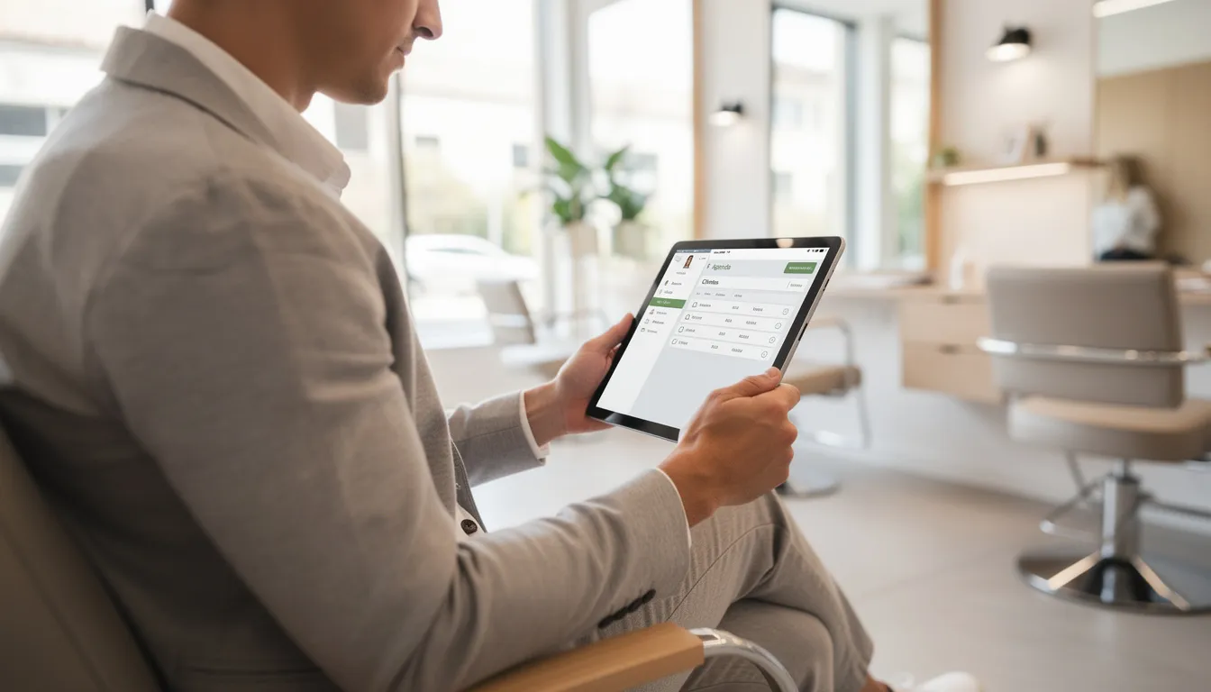 Una persona está sentada en un salón de belleza moderno, utilizando una tableta mientras disfruta de la luz natural que entra por las ventanas. Esta escena refleja cómo la inteligencia artificial puede mejorar la experiencia del cliente al facilitar el acceso a recomendaciones de productos y servicios personalizados.