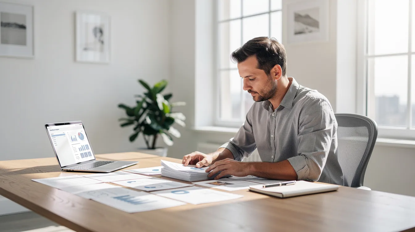 A person is sitting at a wooden desk in a bright office, reviewing documents related to their visa application while a laptop is open beside them. This scene suggests a focus on immigration matters, possibly related to UK visas or the EU Settlement Scheme.