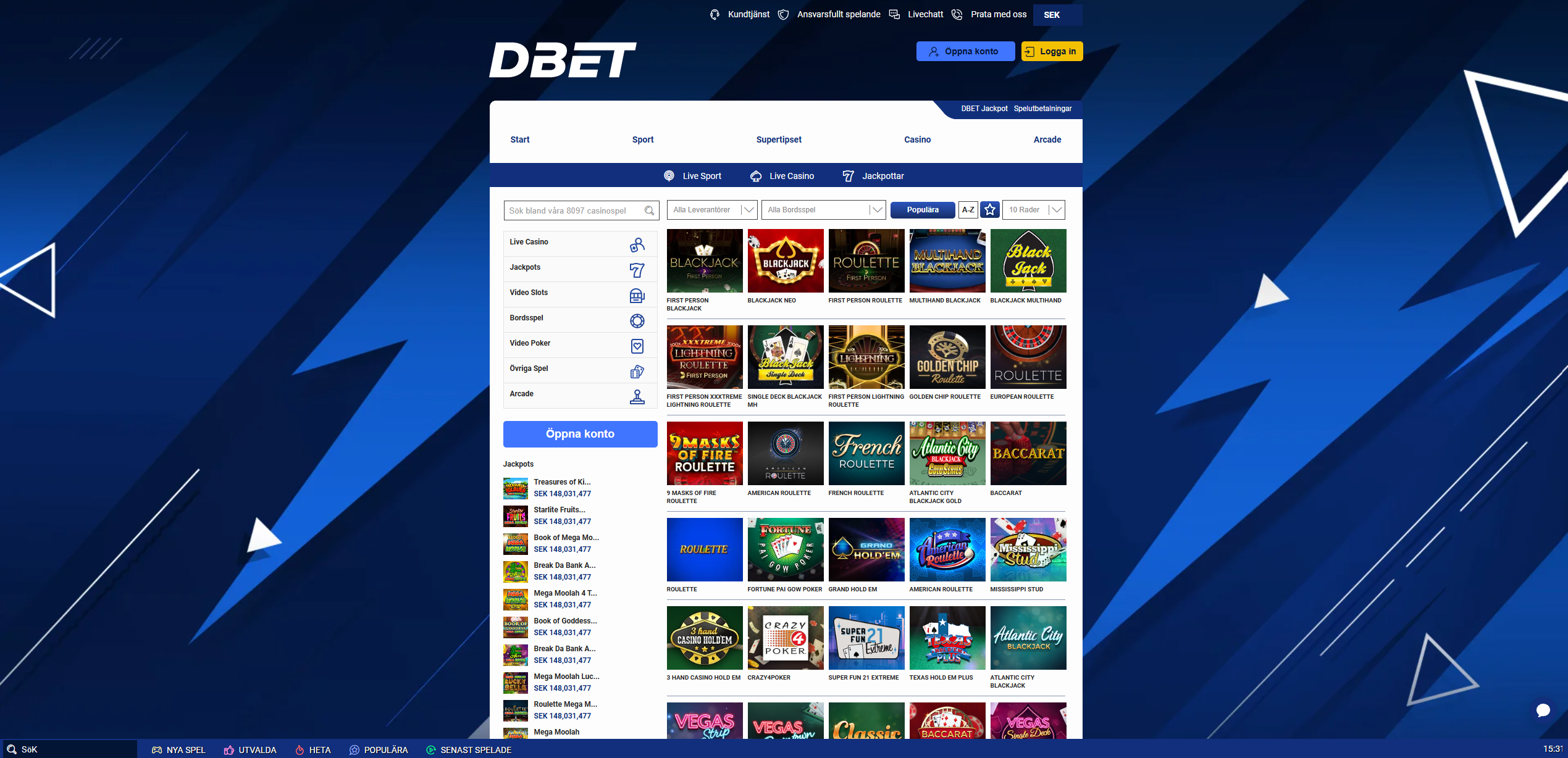 Bordsspel hos DBET med blackjack, roulette, baccarat, poker och andra casinospel.