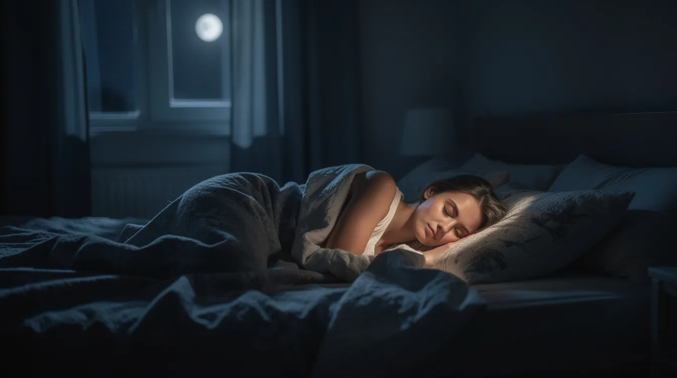 The image depicts a person sleeping peacefully in a dark bedroom illuminated by soft moonlight, embodying the essence of quality sleep. The serene atmosphere suggests a healthy sleep environment, crucial for maintaining good mental and physical health.