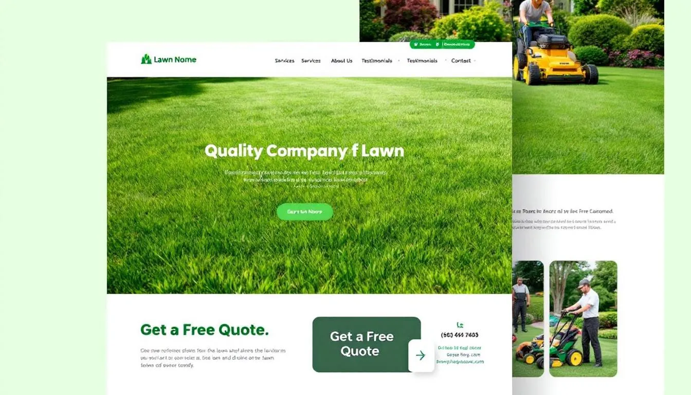 The image depicts a website designed for a lawn care company, featuring a clean layout with sections for business information, including the name, address, phone number, and business hours. It emphasizes local SEO strategies to enhance visibility in local search results and attract nearby customers, with elements like customer reviews and a Google business profile integration.