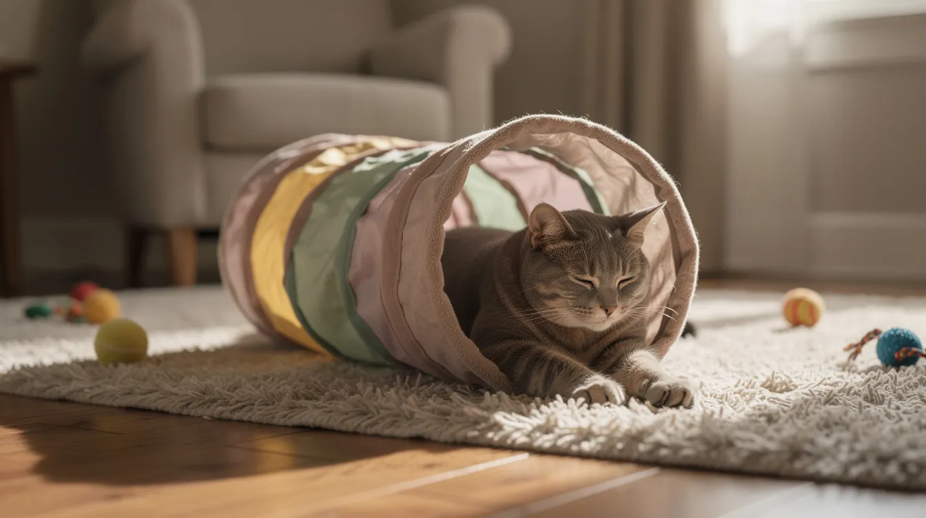 A relaxed cat is comfortably lying halfway inside a soft fabric tunnel in a cozy room, showcasing how most cats love to explore their designated space. The tunnel, made from crinkly material, provides a fun escape route for the kitty, highlighting why cat parents often choose the best cat tunnel for indoor play.