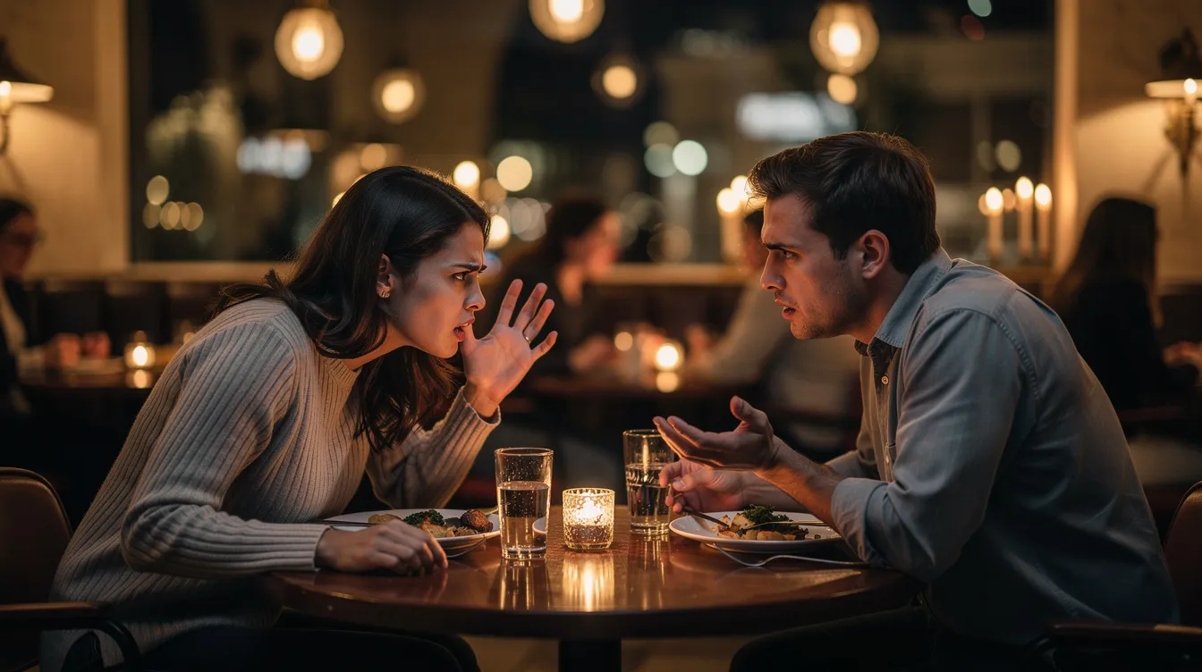 A couple is engaged in a heated argument during their date at a restaurant, with visible tension on their faces as they discuss their differing views. This scene illustrates the potential red flags that can arise when dating, whether through online dating profiles or in real life.