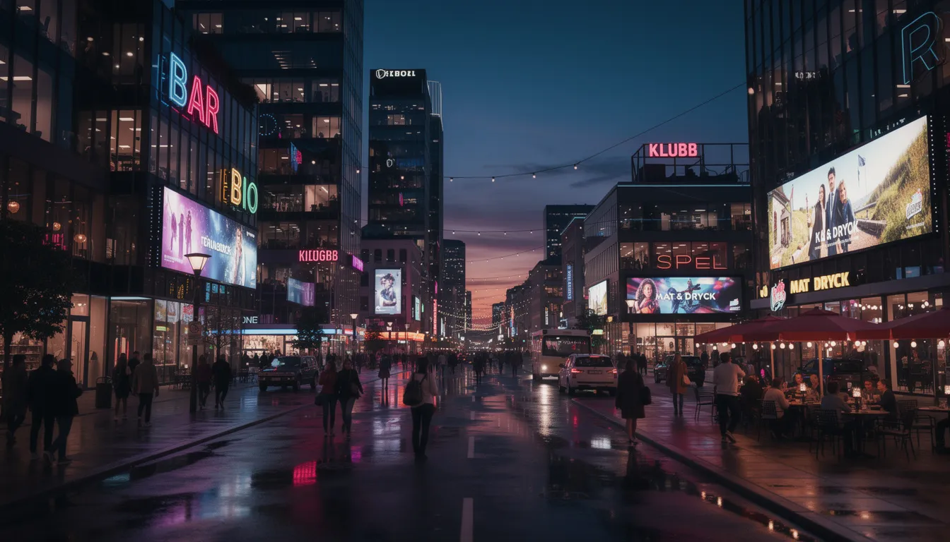 En modern stad i skymningen med glödande neonskyltar som lyser upp gatorna, skapar en livlig och underhållande atmosfär. Staden är fylld av människor som njuter av nattlivet, med caféer och butiker som bidrar till den pulserande känslan.