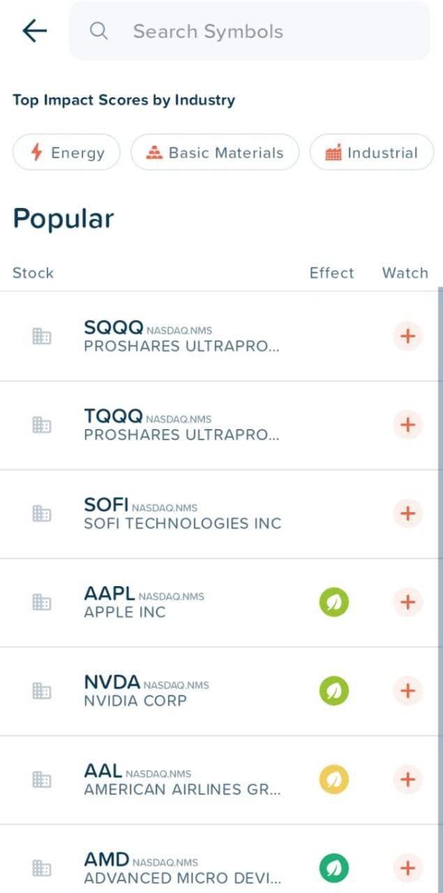 IMPACT App showing the Top Companies with High Impact Scores