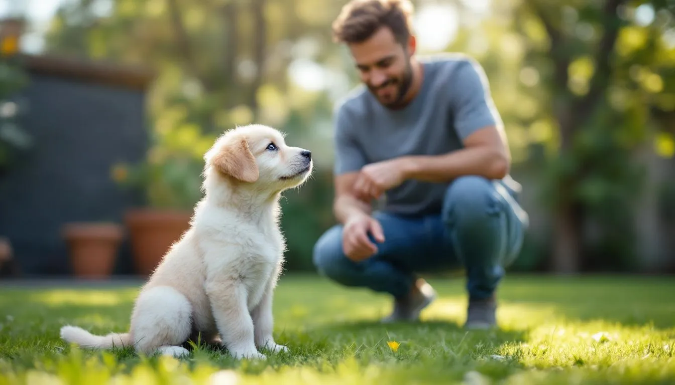 A young puppy sits beside its owner in a yard during a potty training session, showcasing the bonding experience of puppy training and positive reinforcement. The scene captures the essence of teaching good behavior and establishing a consistent schedule for successful potty training.