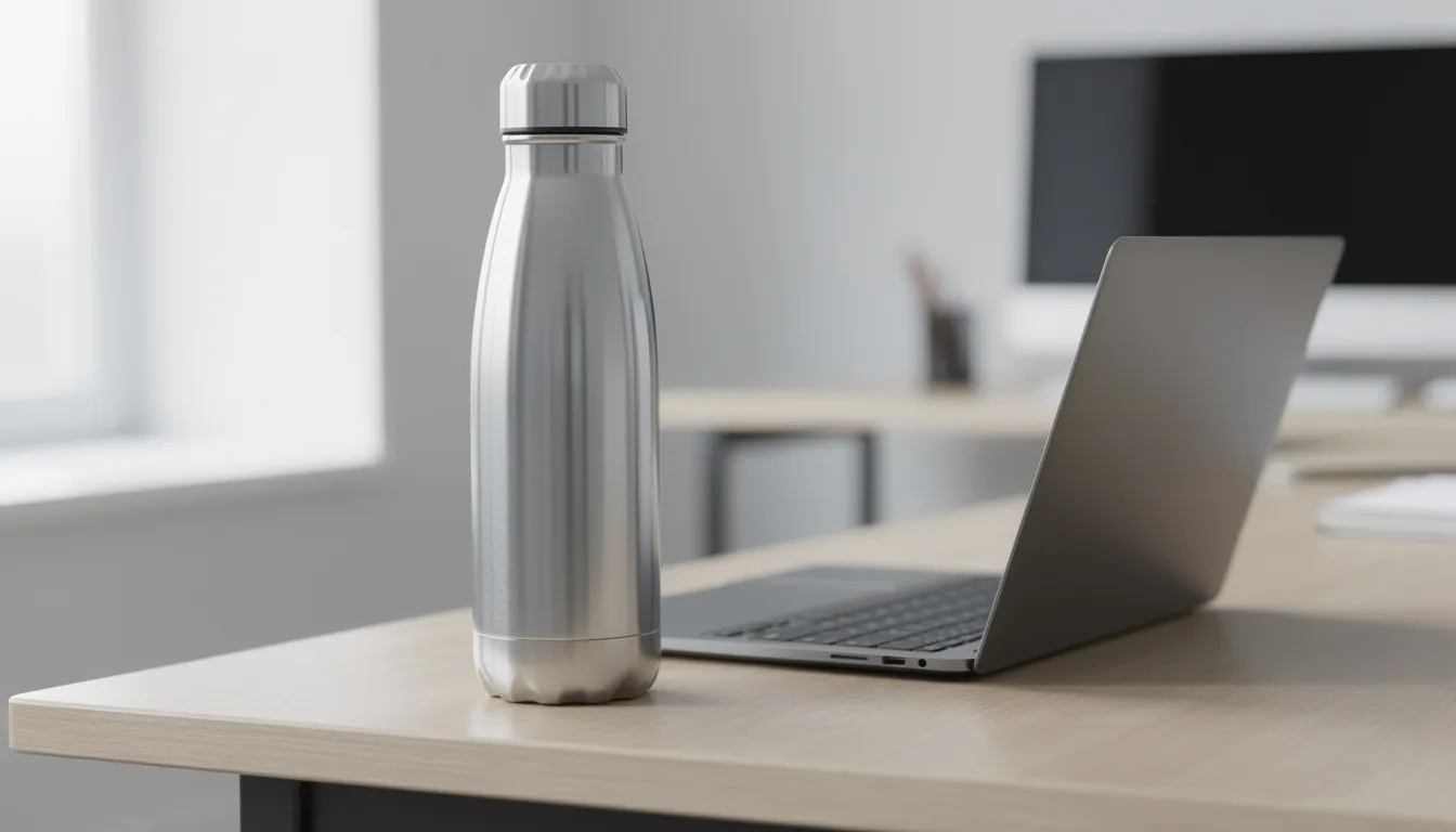 A sleek stainless steel thermo bottle sits next to a laptop on a modern office desk, making it a thoughtful and practical gift idea for Valentine's Day. This stylish bottle is perfect for keeping drinks hot or cold, ideal for a loved one who values both functionality and design.