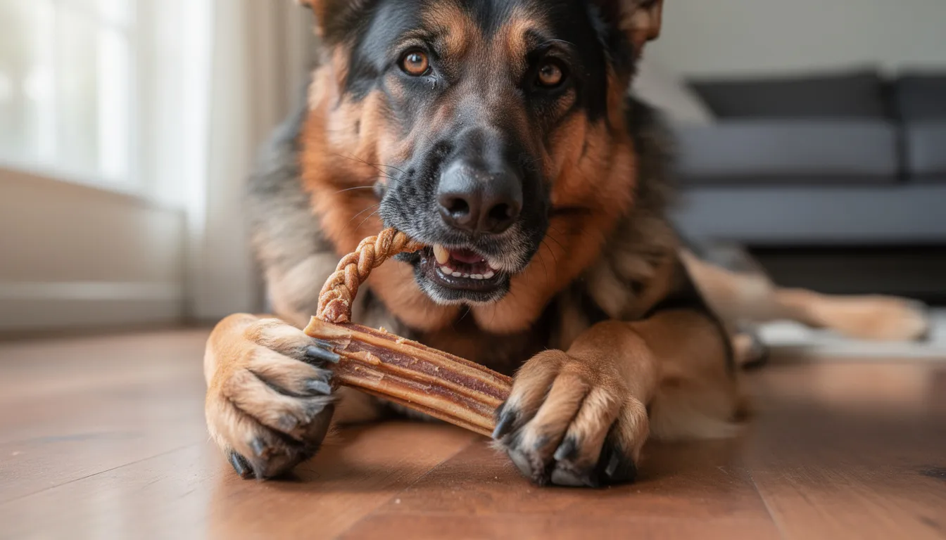 A large German Shepherd dog is happily chewing on a thick braided bully stick, showcasing its aggressive chewing style. This natural dog chew, made from high-quality grass-fed beef, provides an enjoyable and long-lasting chew session for the furry friend.