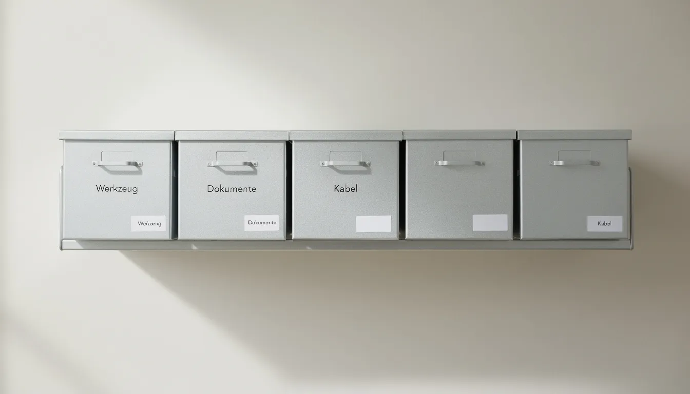 Auf dem Regal befinden sich ordentlich organisierte Aufbewahrungsboxen aus Metall, die in verschiedenen Größen und Farben angeordnet sind. Die Boxen wirken modern und funktional, ideal für die Aufbewahrung von Gegenständen in einem geschäftlichen oder privaten Umfeld.