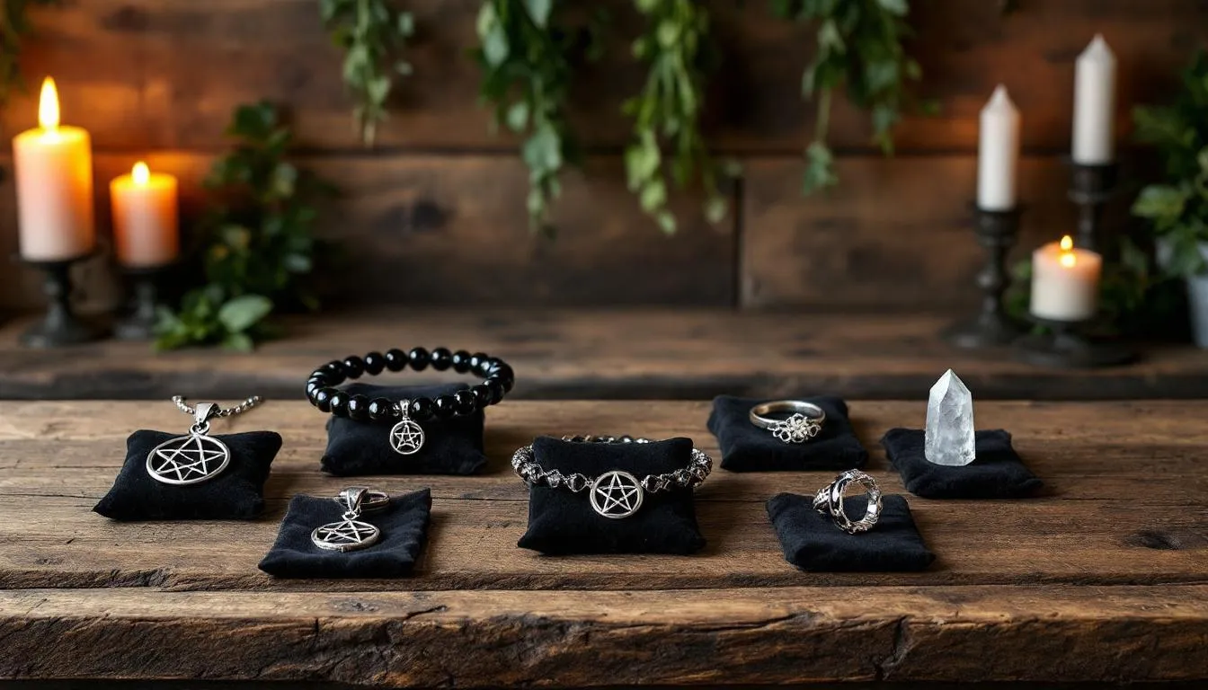 The image showcases a collection of witch jewelry, featuring a variety of necklaces with intricate charms and designs made from gold and other metals. Each piece reflects a balance of personal style and spiritual intention, appealing to both bold and minimalist tastes.