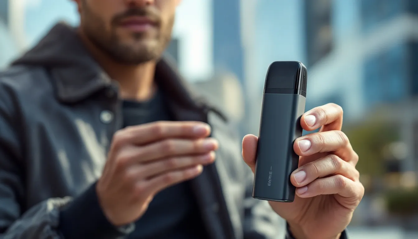 A person using a prefilled pod vape outdoors.