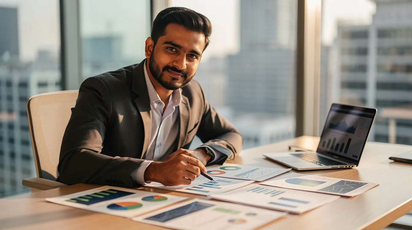 525a129a 3278 4778 aec2 d03da2ee10a4 An Indian entrepreneur is seated at a desk, reviewing documents and charts on a laptop, focused on developing a business plan for a profitable business venture. The scene reflects the entrepreneurial journey in India, highlighting the importance of market research and strategic planning for low investment business ideas.