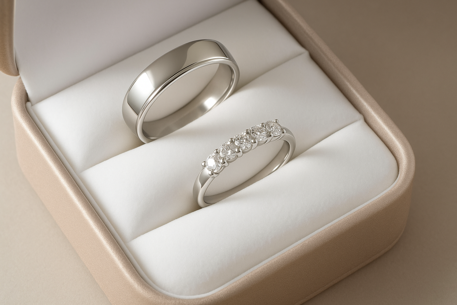 Balto aukso vestuvinis žiedas ir vestuvinis žeidas su deimantais