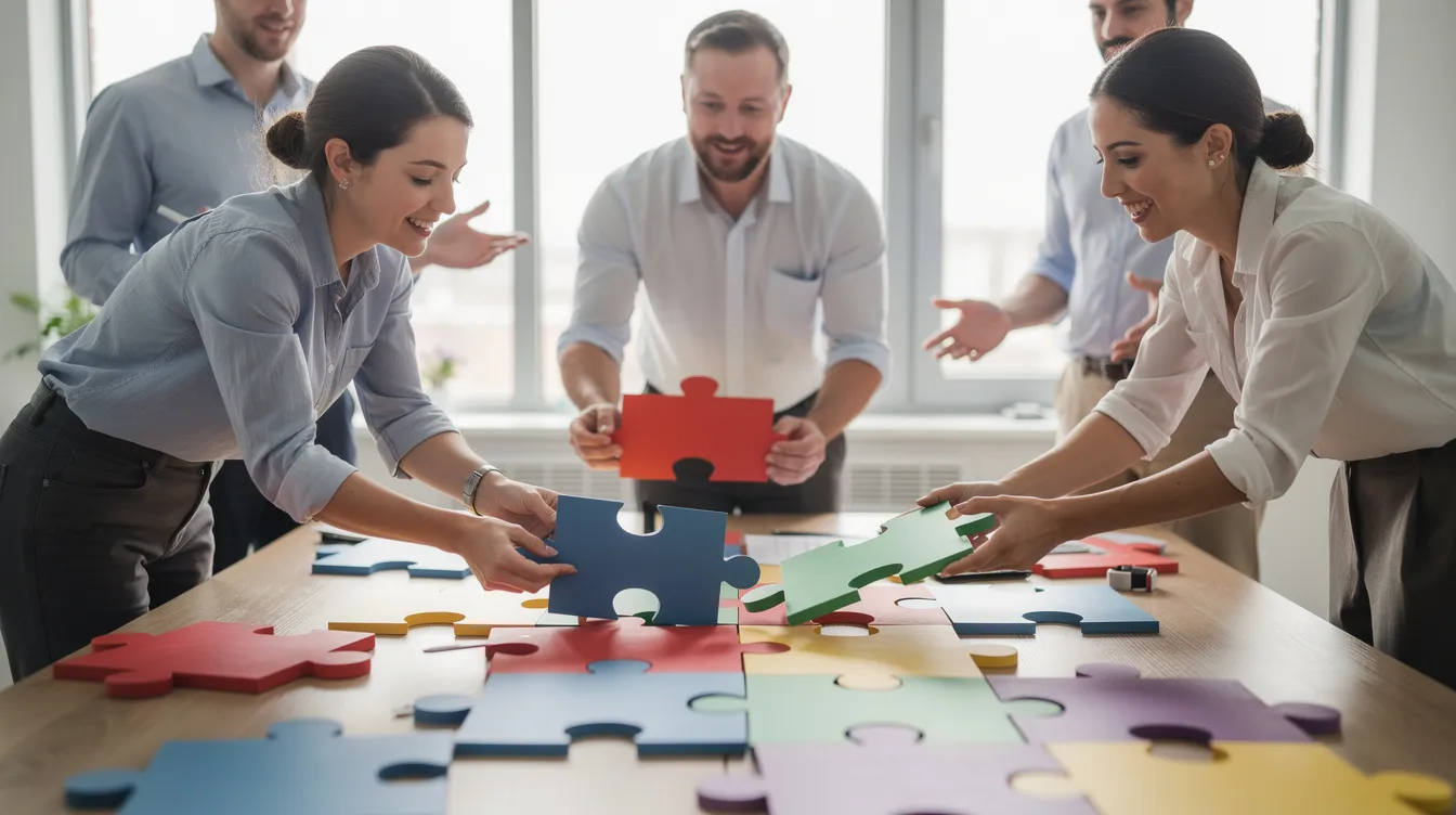 Des personnes travaillent ensemble pour assembler des pièces de puzzle colorées, illustrant l'intelligence collective et la collaboration au sein d'une équipe. Cette activité met en avant la créativité et la réflexion collective, essentielles pour atteindre des objectifs communs.