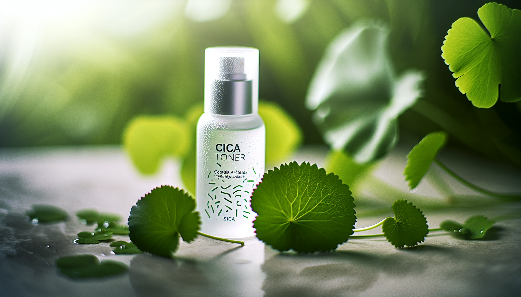 Bottle of cica toner surrounded by centella asiatica leaves