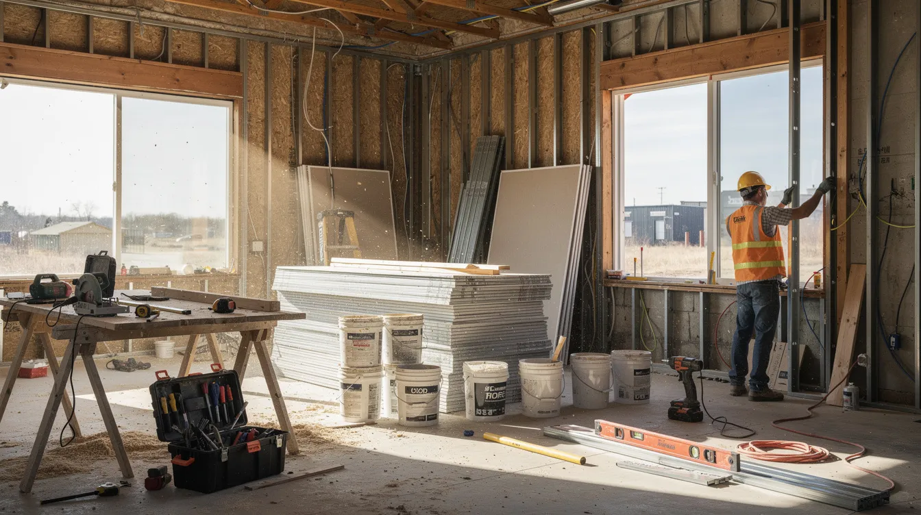 The image depicts a construction renovation project featuring various building materials and tools, essential for small business owners looking to expand their operations. Items like lumber, nails, and power tools are organized on-site, highlighting the importance of proper resources and planning in business expansion efforts.