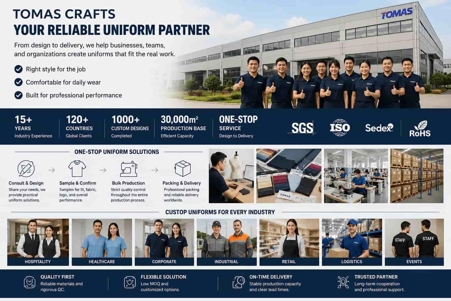 TOMAS Crafts custom uniform manufacturing services from design and sampling to bulk production, packing, and global delivery