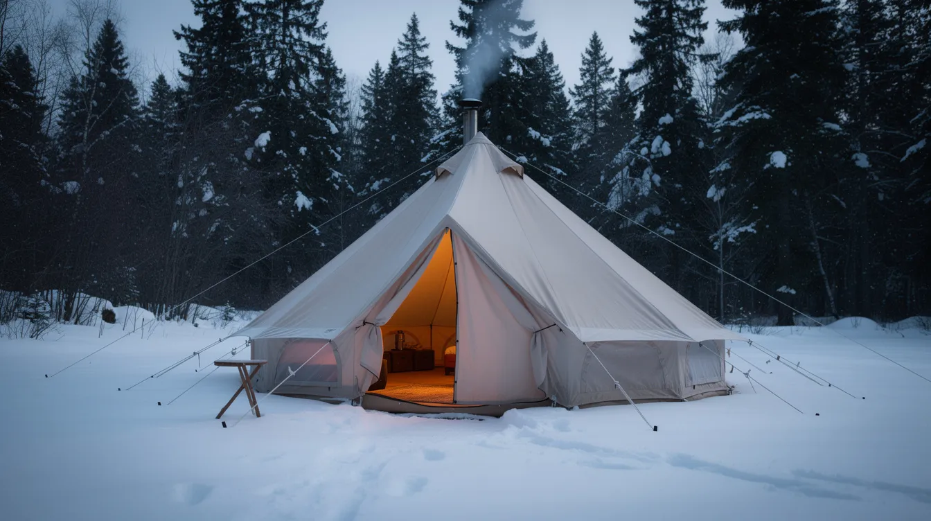 A large canvas bell tent, designed for winter camping, stands in a snowy forest clearing, featuring a visible wood stove chimney and a built-in stove jack for warmth. The tent offers a spacious interior, ideal for campers seeking comfort and shelter in extreme weather conditions.