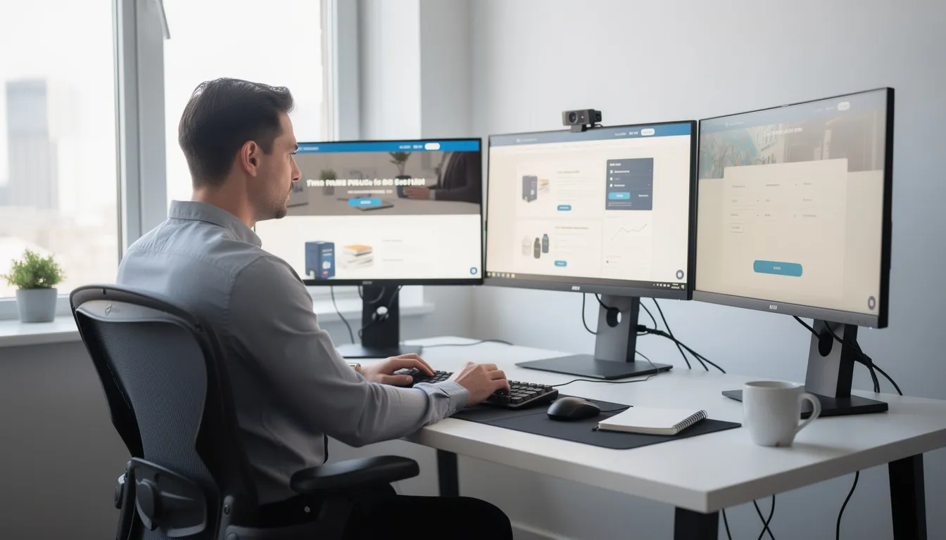 A professional is seated at a desk surrounded by multiple screens displaying website content related to digital marketing and search engine optimization. The screens show various aspects of SEO strategy, including Google search results and potential customers' search intent, highlighting the importance of AI tools in enhancing website traffic and visibility for small businesses.