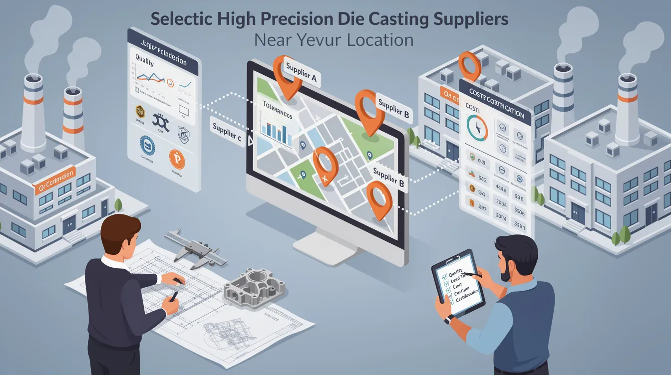 The image illustrates a professional setting where a team is discussing high precision die casting services, showcasing various die casting machines and tools used for producing aluminum and zinc die cast components. The environment reflects advanced technology and efficiency in the die casting process, emphasizing the importance of choosing the right manufacturing partner for delivering high-quality parts.
