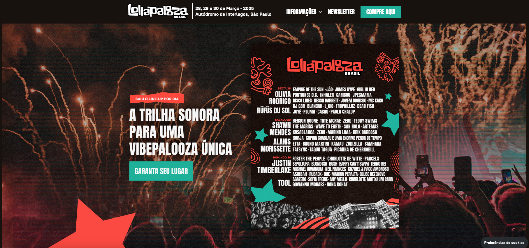 Exemplo de como criar site para evento com a página inicial do Lollapalooza Brasil