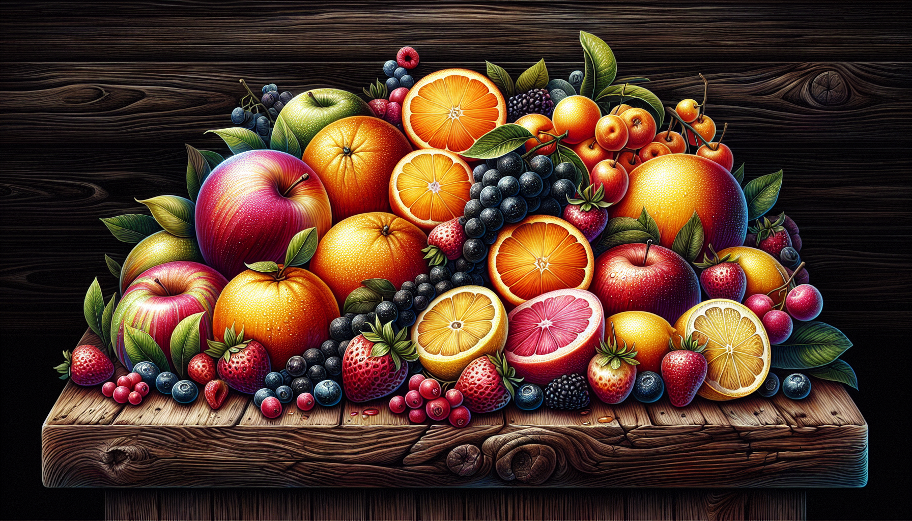 Fresh fruits like oranges, apples, and berries arranged beautifully on a wooden table