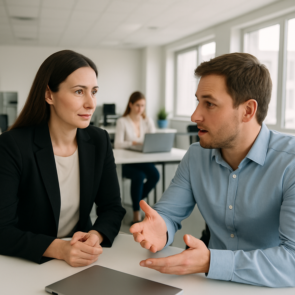 Female manager listens attentively as employee responds to discuss workplace challenges and manage insubordination while supporting the employee’s progress.