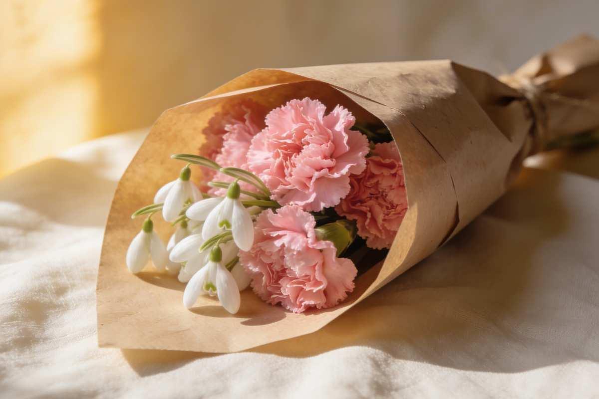 A hand-tied posy of pink carnations and white snowdrops wrapped in kraft paper