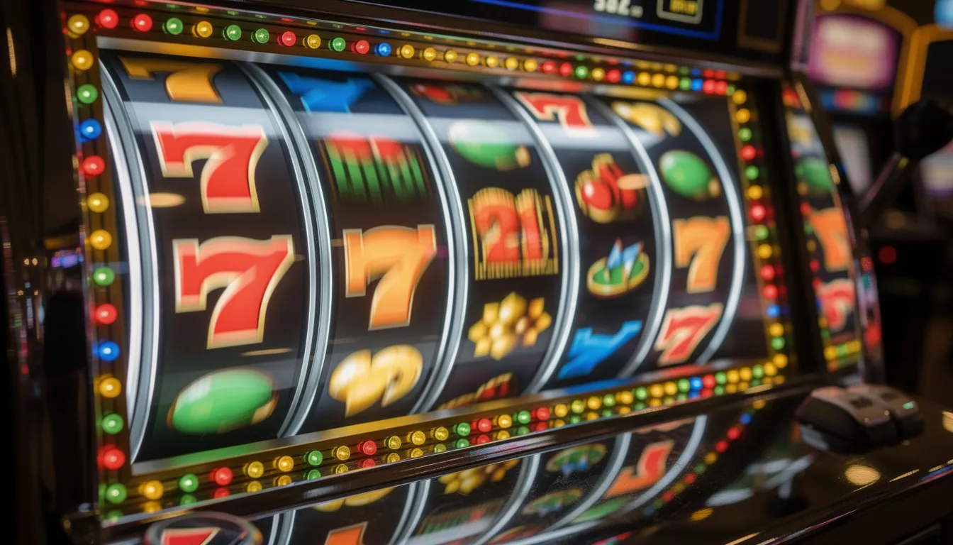 Bildbeskrivning: Färgglada spelautomathjul snurrar snabbt, omgivna av blinkande lampor och en livlig atmosfär som påminner om ett Vegas casino. Hjulens symboler varierar i färg och design, vilket skapar en spännande känsla av spel och underhållning.