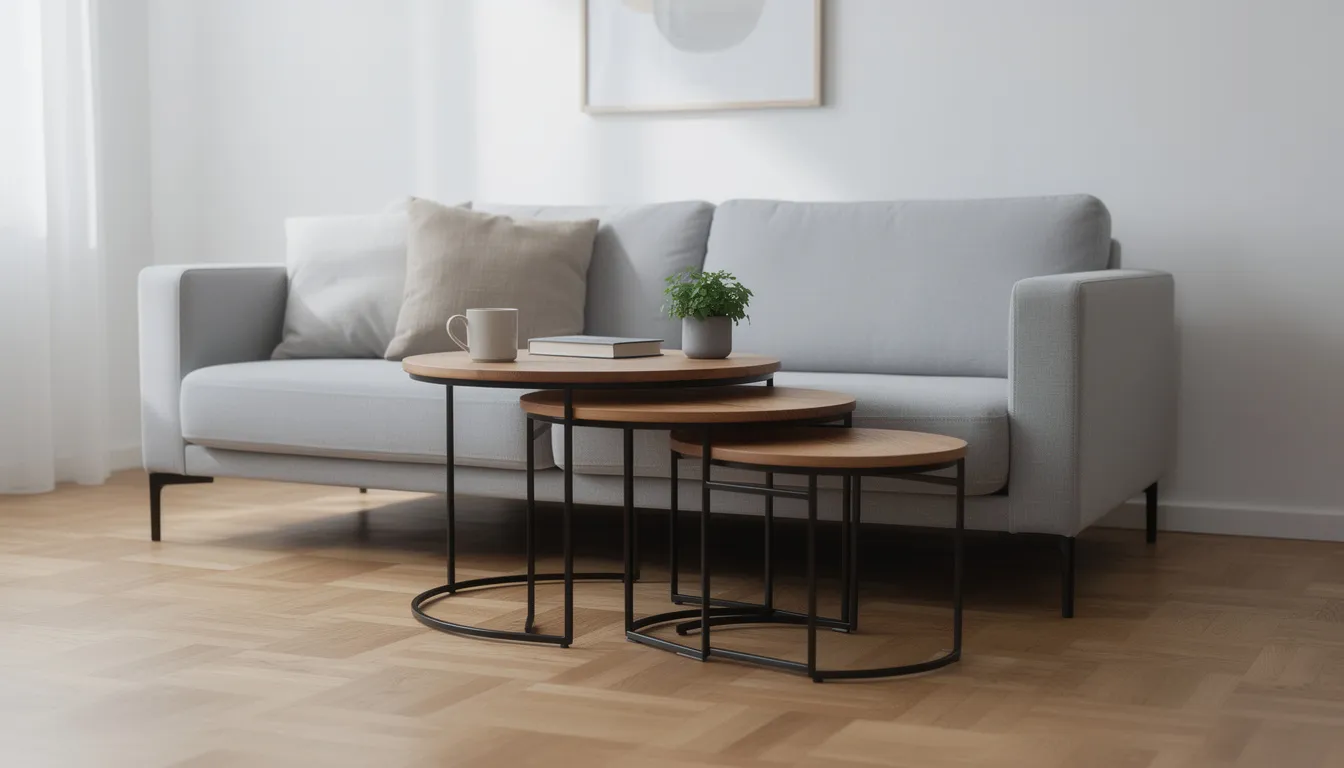 Tre satsbord i olika storlekar, tillverkade av olika material, står placerade bredvid en modern soffa i ett litet vardagsrum. Dessa mindre bord passar bra in i rummet och erbjuder en stilren och praktisk lösning för avlastning.