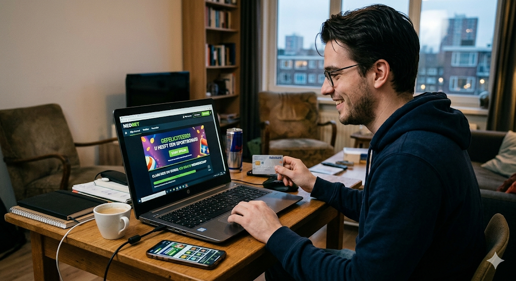 Speler die online casino speelt op een laptop vanuit huis, terwijl hij een account aanmaakt en een storting doet bij een online casino in Nederland.