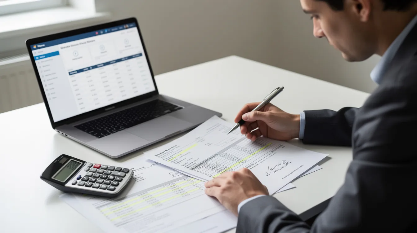A person is seated at a desk, carefully reviewing financial documents related to dental services, with a calculator and laptop nearby, indicating a focus on billing audit work and insurance claims. The scene suggests an effort to manage dental benefits and streamline workflows for dental professionals.