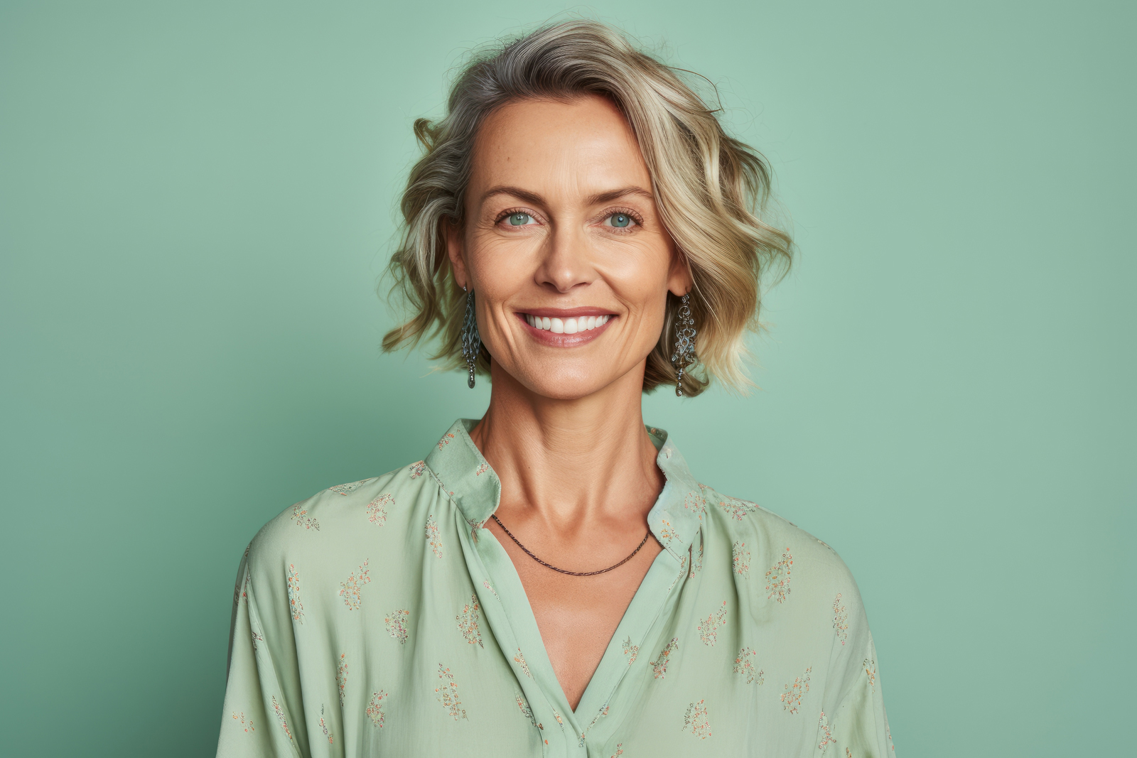 portrait of a middle-aged woman smiling at the camera emphasising the benefits of adding collagen to your diet for healthier skin, hair, and nails.