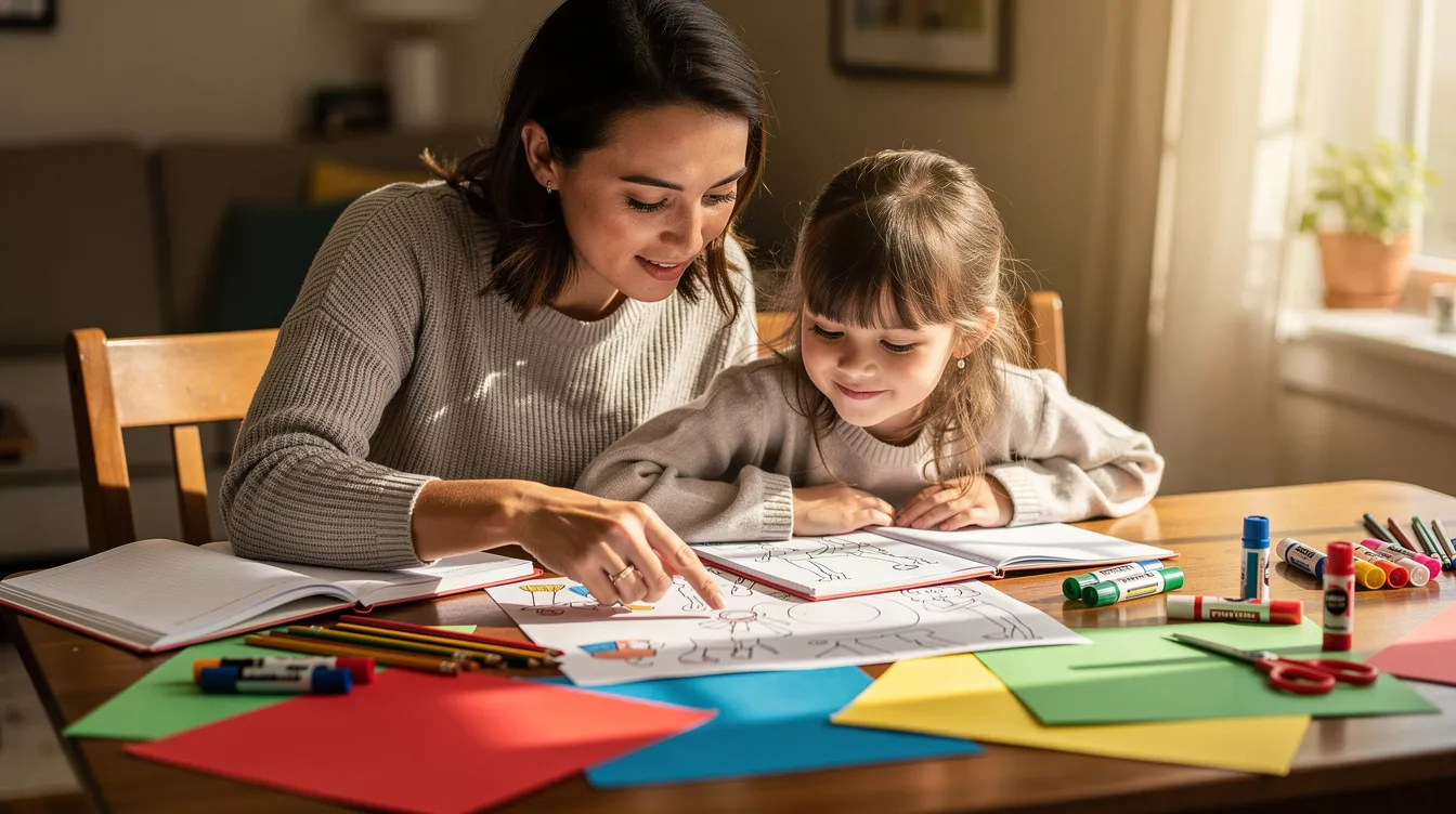 A parent and child are seated at a table, engaged in a school project surrounded by colorful papers and various stationery items. They are collaborating to express ideas and improve the child's writing skills, which may include addressing challenges related to written expression difficulties and enhancing fine motor skills.