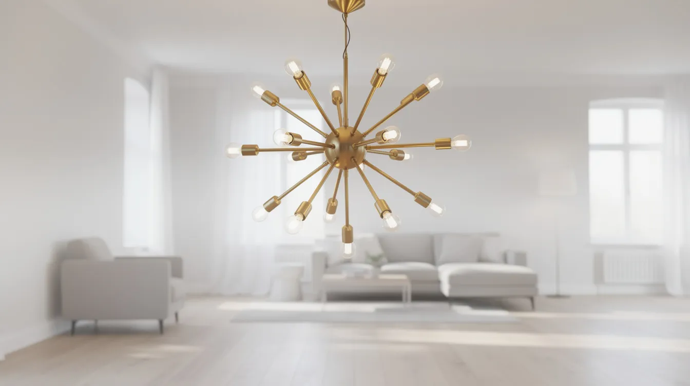 En klassisk mässingsfärgad sputnik-lampa med tolv armar hänger elegant i ett ljust vardagsrum med vita väggar, vilket ger rummet en modern och stilren känsla. Lampan fungerar som en imponerande ljuskälla och skapar en varm atmosfär i rummet.