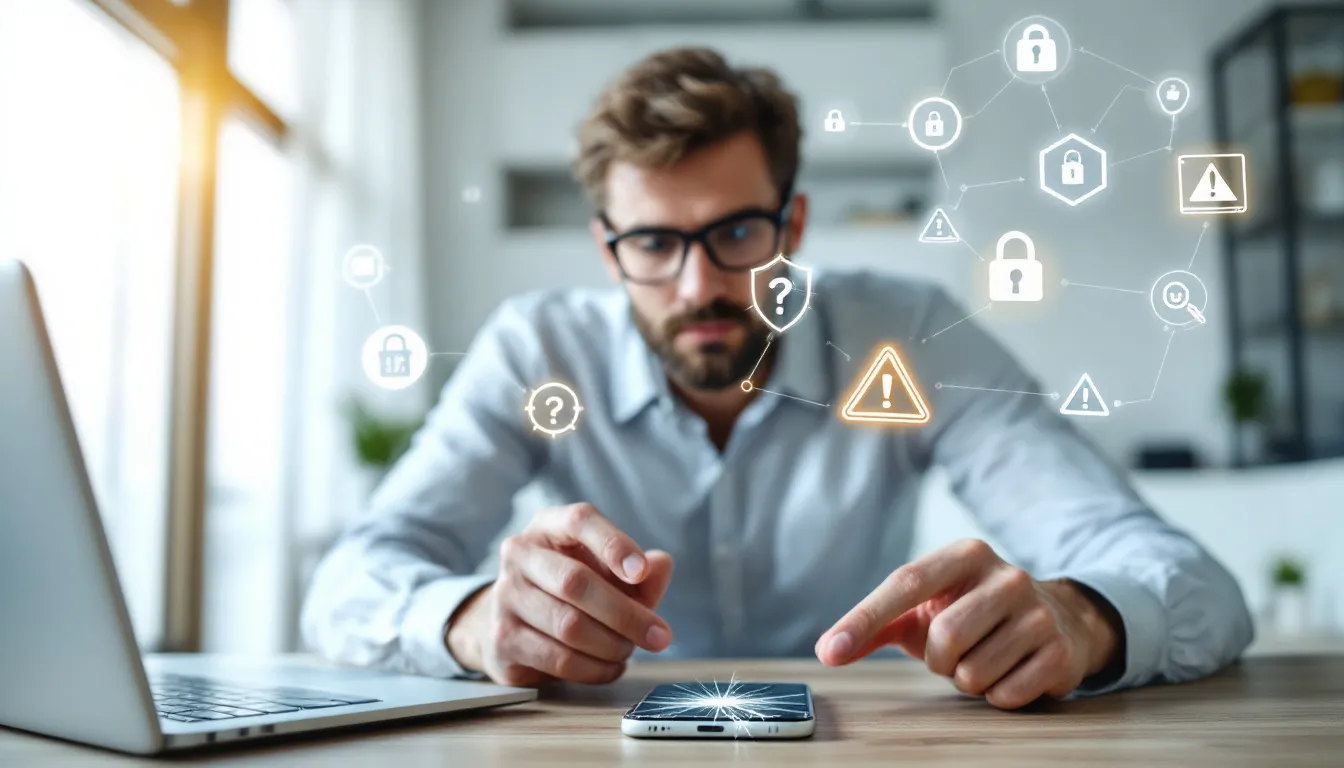The image shows a person intently examining a smartphone surrounded by various security symbols, highlighting the importance of using a secure wallet for managing digital assets. This scene emphasizes the need for enhanced security features in cryptocurrency wallets to protect private keys and transactions.