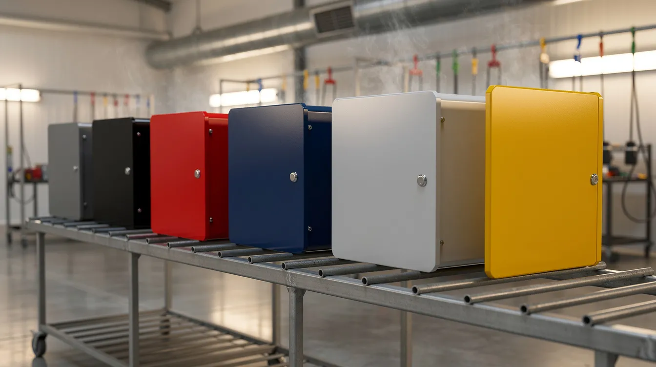A row of freshly powder-coated sheet metal enclosures in various vibrant colors cools on a rack in a finishing workshop, showcasing the results of the sheet metal fabrication process. These enclosures, made from high-quality metal materials, reflect the advantages of powder coating, providing a corrosion-resistant finish.