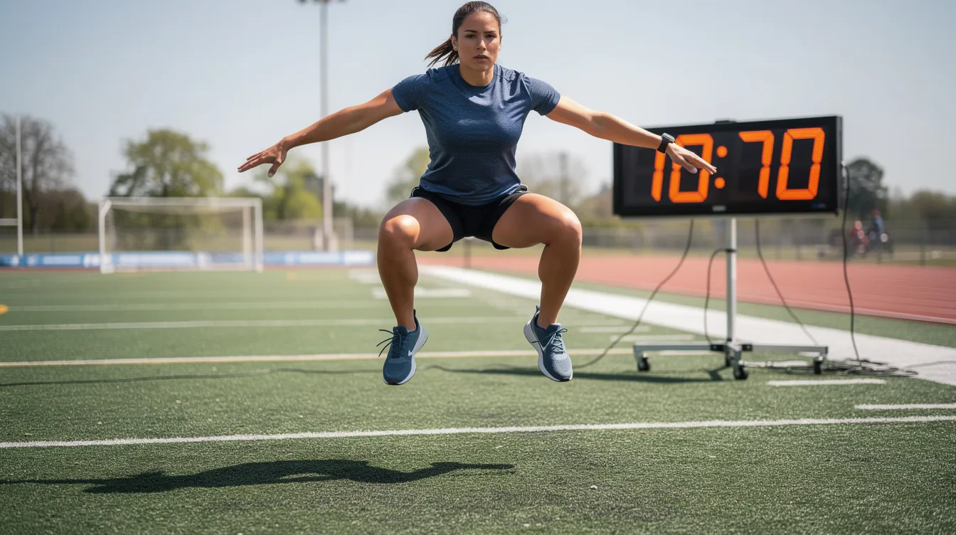 Een persoon voert jump squats uit op een sportveld, terwijl een timer op de achtergrond de tijd bijhoudt. Deze intensieve oefening is een onderdeel van een HIIT workout, die gericht is op het verhogen van de hartslag en het verbeteren van de conditie.