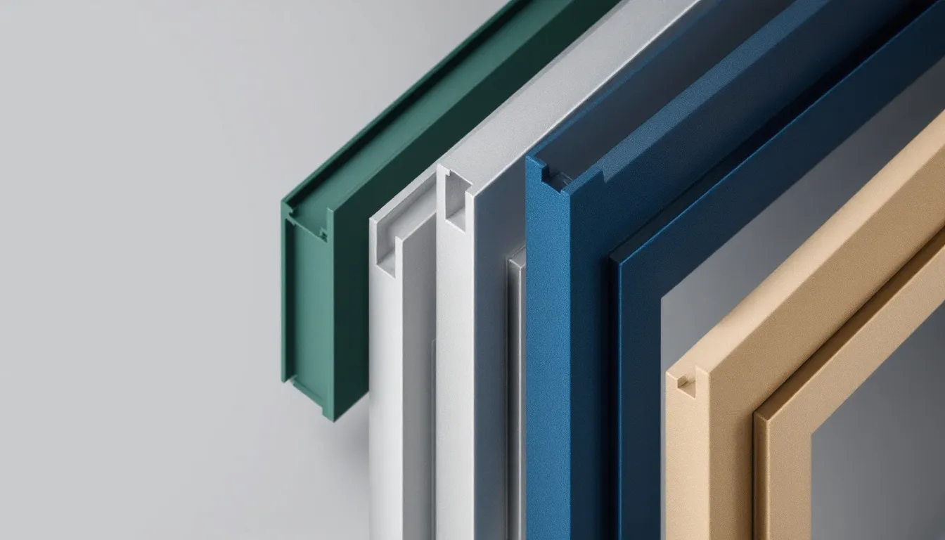 Een afbeelding van verschillende aluminium kozijnen in diverse kleuren, net na de poedercoating, die een luxe uitstraling hebben. Deze nieuwe kozijnen zijn ideaal voor zowel renovatie als nieuwe bouwprojecten en bieden goede isolatie en onderhoudsarm gemak.