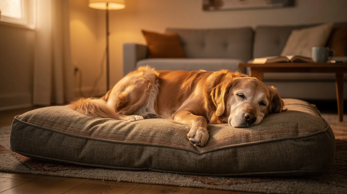 A senior golden retriever is resting comfortably on a thick padded dog bed in a warm living room, showcasing the importance of a good quality resting space for older dogs, especially those managing arthritis or joint pain. The cozy environment highlights the need for proper care and comfort for pets with degenerative joint disease.