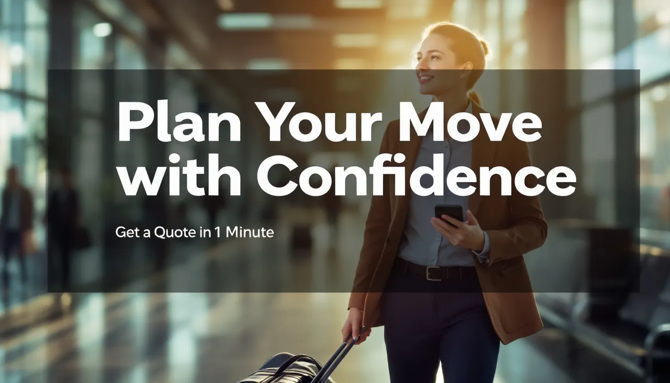 A confident expatriate professional in their 30s, dressed in business casual attire, walks through a bright airport carrying a suitcase and using their phone, embodying an inspiring and optimistic atmosphere. A semi-transparent overlay features bold text that reads, “Plan Your Move with Confidence – Get a Quote in 1 Minute,” emphasizing the importance of planning for living abroad and securing adequate health coverage.