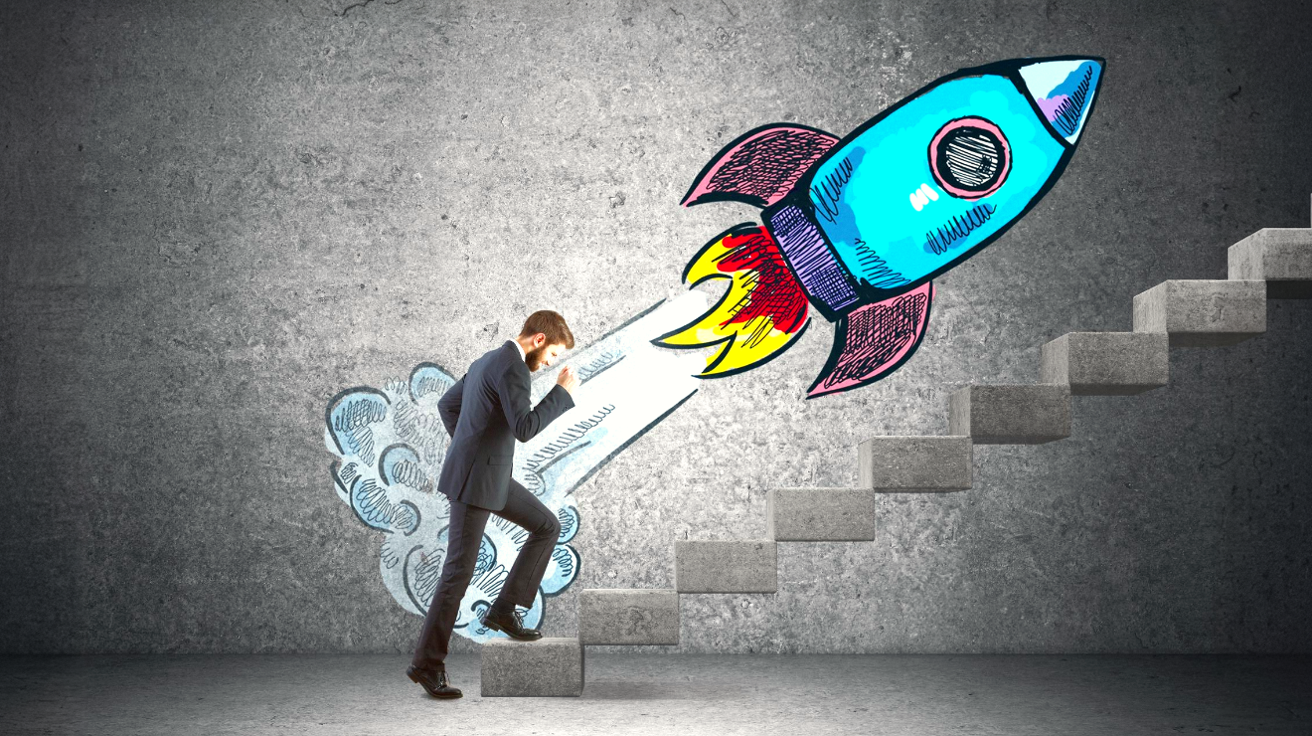 Man on stairs, rocket behind. Conveys successful next steps in cybersecurity content marketing and other digital strategy.