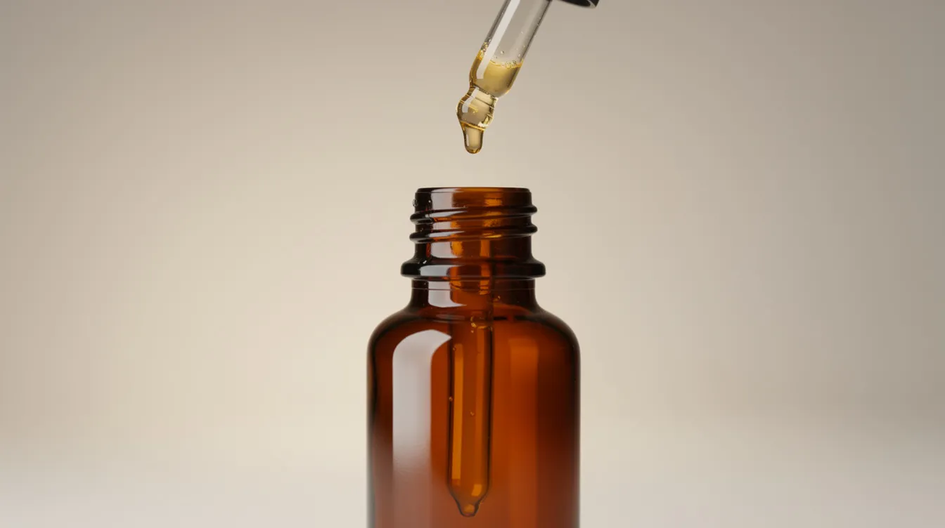 Ein bernsteinfarbenes Glas-Dropperfläschchen mit goldener Flüssigkeit wird vor einem neutralen Hintergrund abgebildet, während einige Tropfen des Cannabisöls herausgedrückt werden. Dieses Bild könnte die Verwendung von CBD-Öl zur Unterstützung der Gesundheit und die verschiedenen Dosierungsmöglichkeiten veranschaulichen.