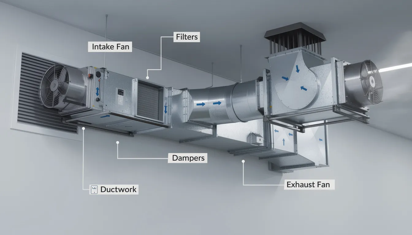 The image features various components of a ventilation system, including intake and exhaust fans, essential for maintaining air circulation and moisture control in a basement sauna. Proper ventilation is crucial for ensuring a healthy and calming environment in your home sauna, enhancing the wellness benefits of regular sauna use.