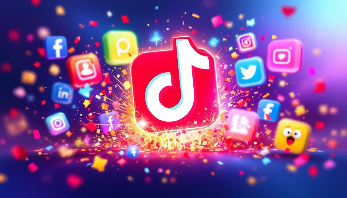 A vibrant TikTok logo surrounded by social media icons, illustrating its popularity.