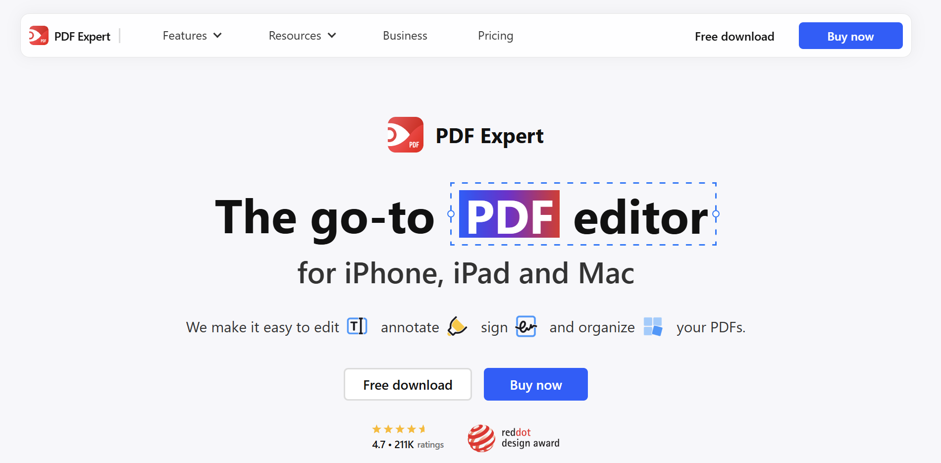 PDF Expert homepage promoting a PDF editor for iPhone, iPad, and Mac with tools to edit, annotate, sign, and organize PDF files.