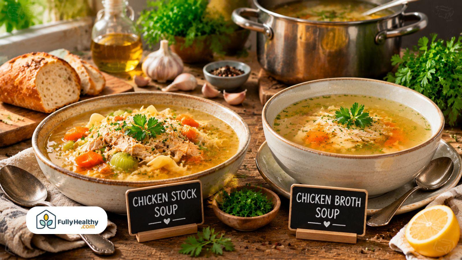 Chicken stock soup and chicken broth soup served side by side
