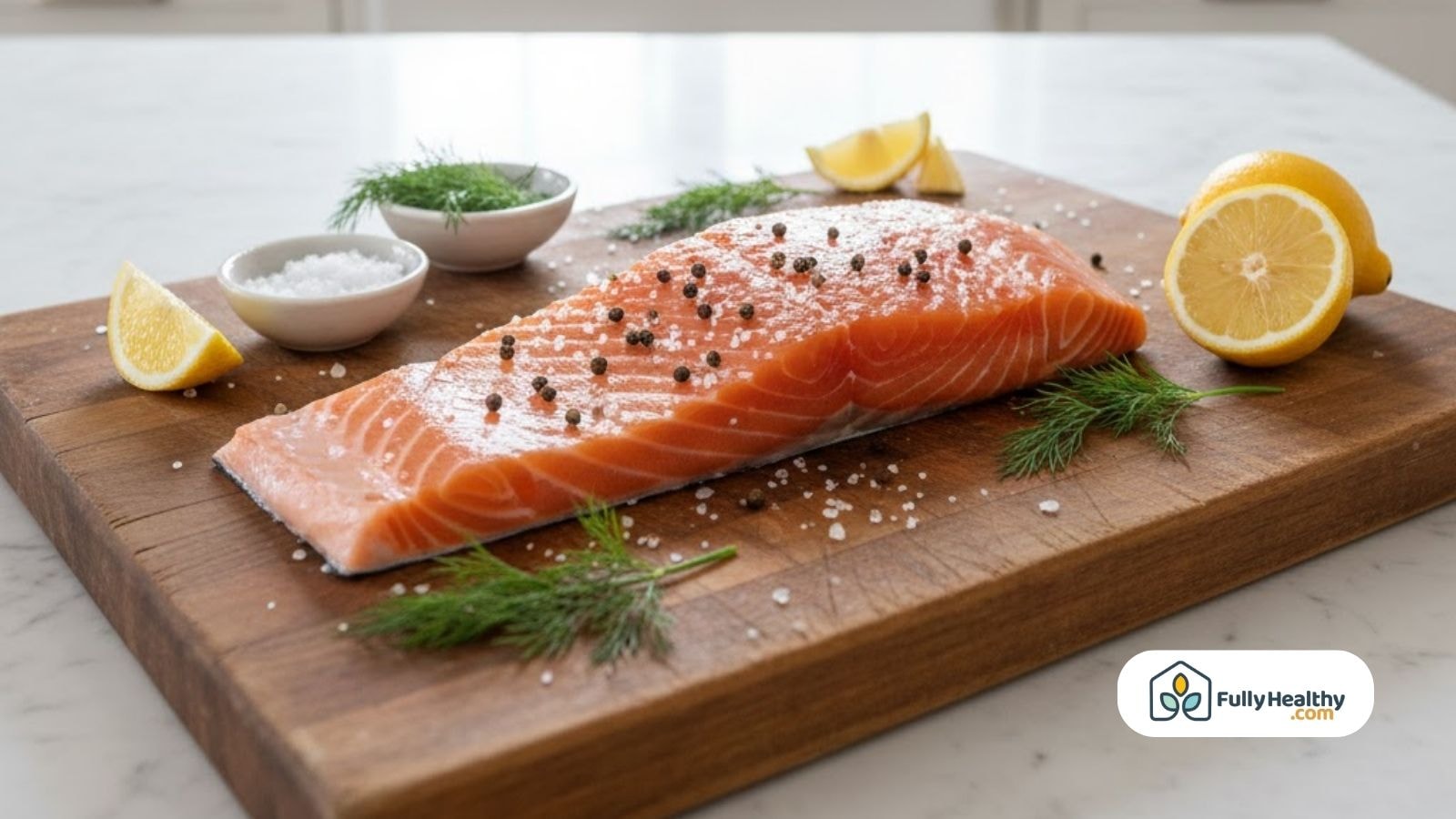 Seasoned salmon fillet with salt, pepper, lemon, and dill.