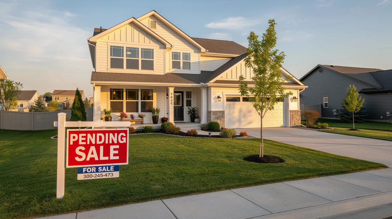 The image depicts a charming home property marked as "pending sale," showcasing its inviting exterior and well-maintained landscaping. This visual represents the effective work of real estate professionals in generating leads and managing the follow-up process in the real estate business.