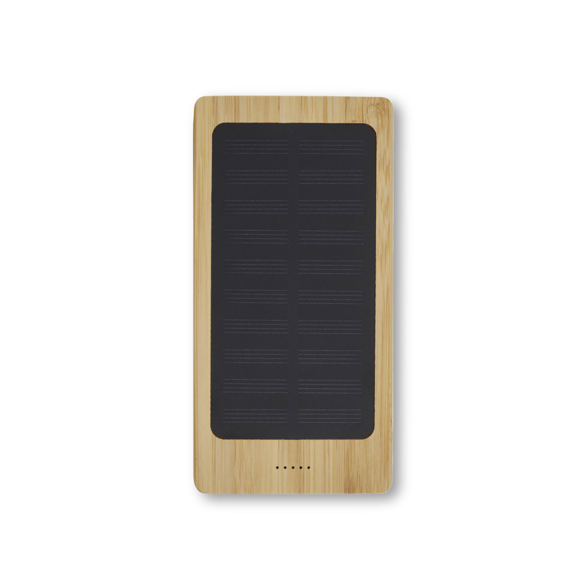 Alata 8000mAh Bamboo Solar Power Bank with dual USB output and an integrated solar panel